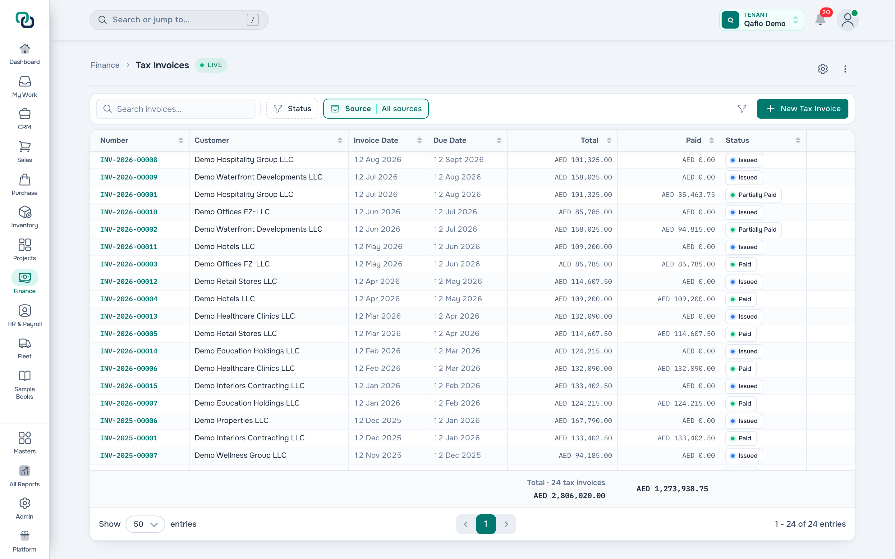 The Qaflo invoice register