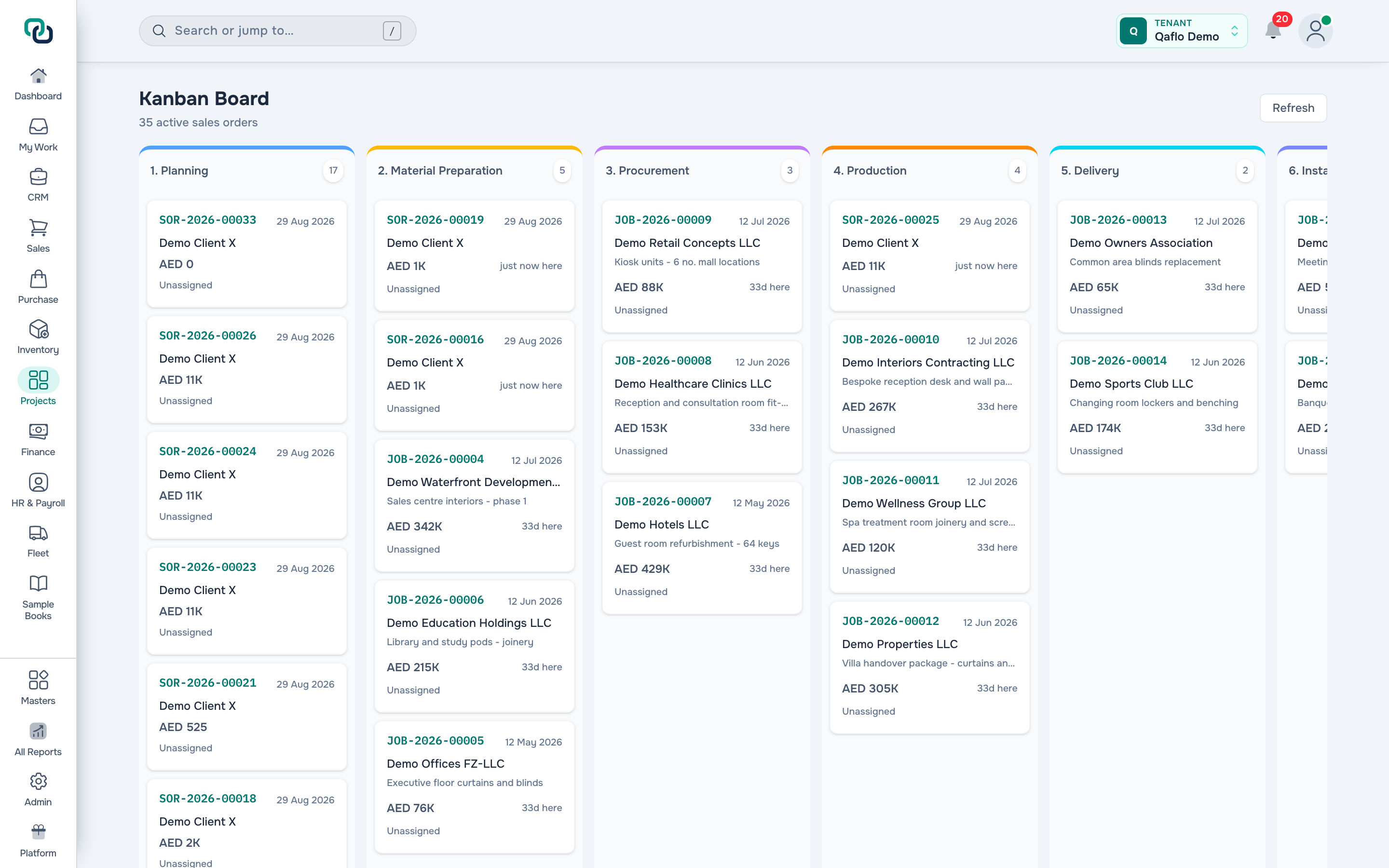 The Qaflo job board, with jobs across every stage from planning to installation